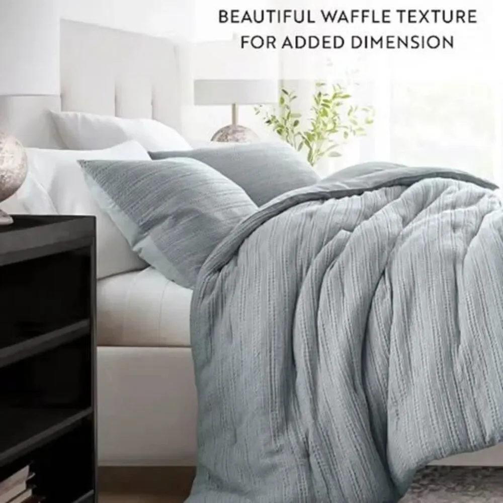 3Pcs Full/Queen Comforter Set Waffle Textured Light Blue NEW